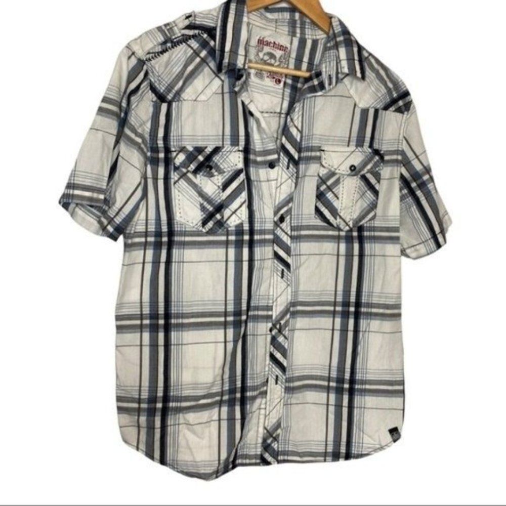 Machine plaid mens short sleeve button down shirt mens size large L